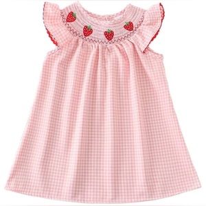 Strawberry Smocked dress embroidered toddler ruffles sleeves pastel pink gingham